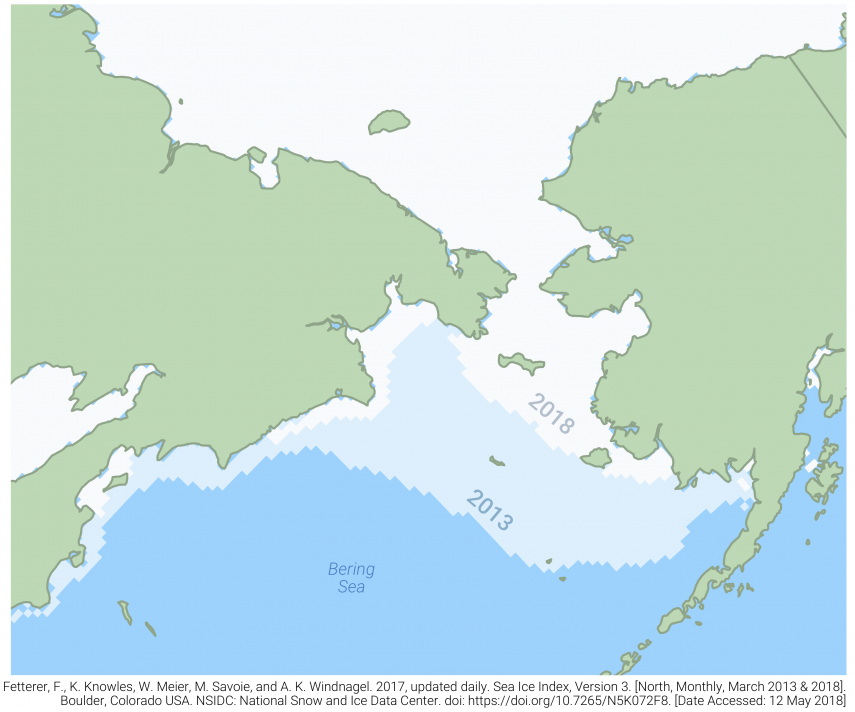 Comparison of sea ice extent in the Bering Sea, March 2013 vs. March 2018